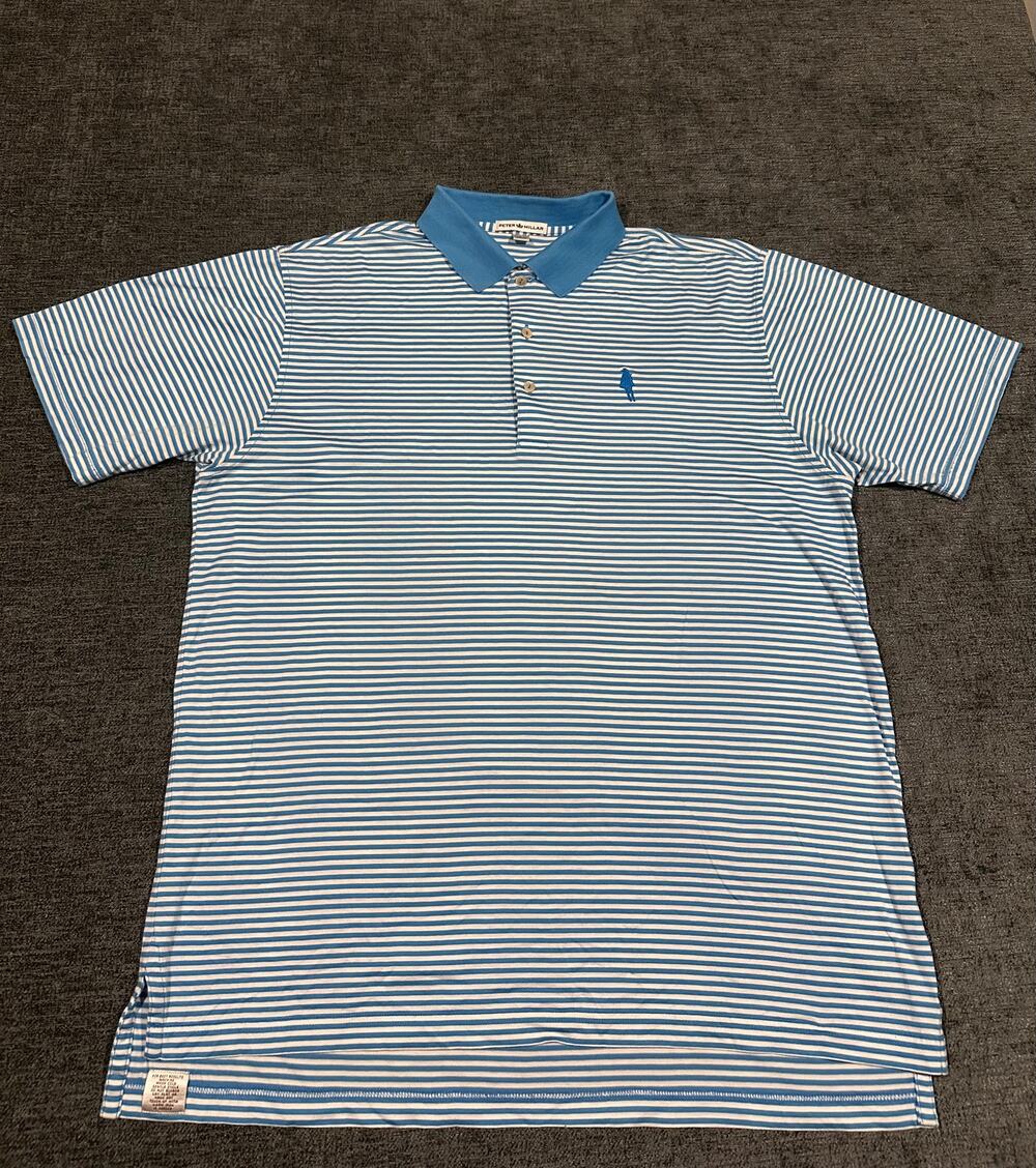 Peter Millar Golf Polo Shirt Mens Large L Blue White Striped Logo 100% Cotton